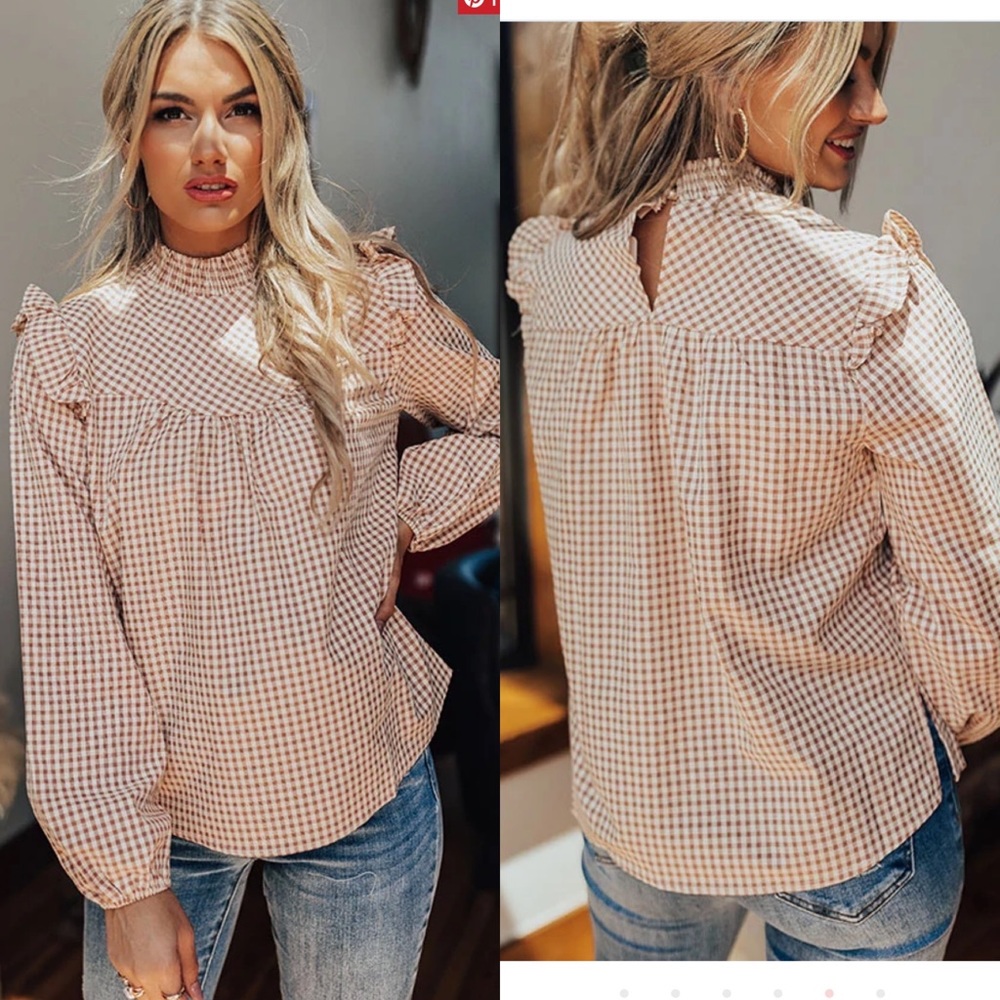 Andree By Unit Ivory And Rust Gingham Peasant Top - image 1